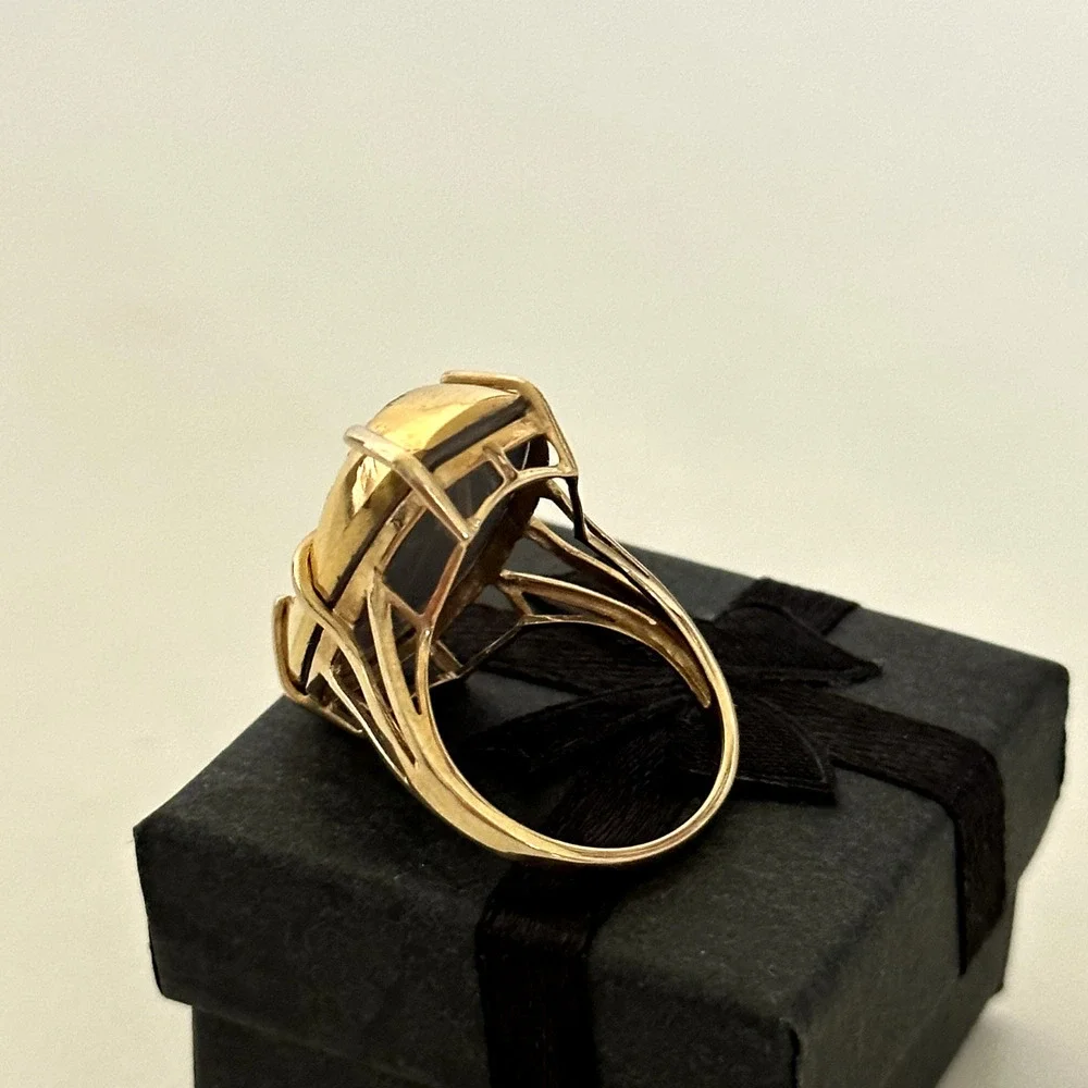 10K Yellow Gold Large Golden Druzy Quartz Big Statement Band Ring Size 8